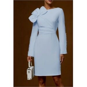 Fehaute Women's Light Blue Bow Long Sleeve Sheath Midi Dress Size S